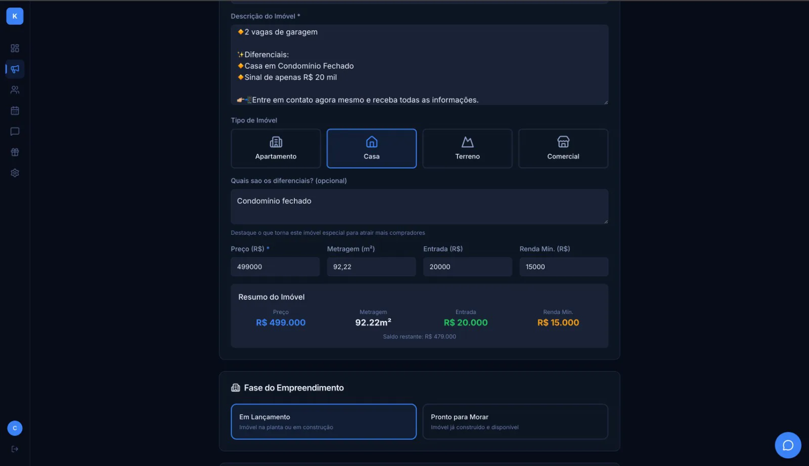 Dados do imóvel na Kaptfy