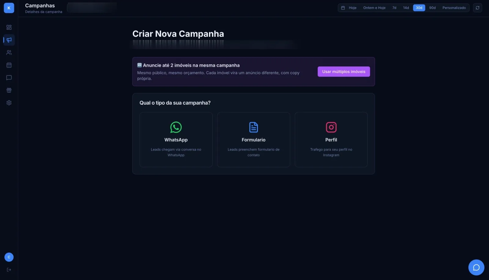 Escolha o tipo de campanha
