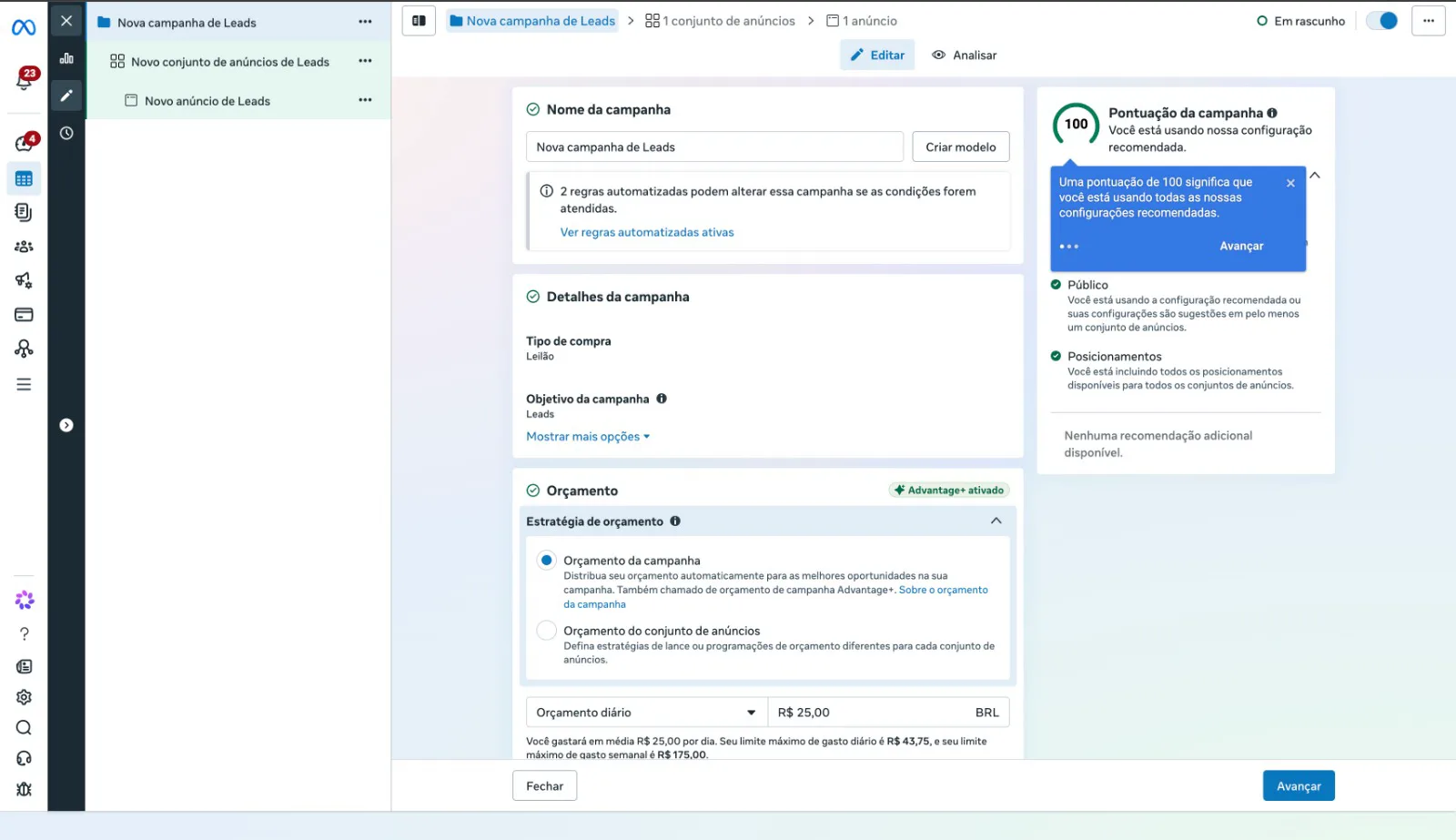 Configuração de campanha no Gerenciador da Meta