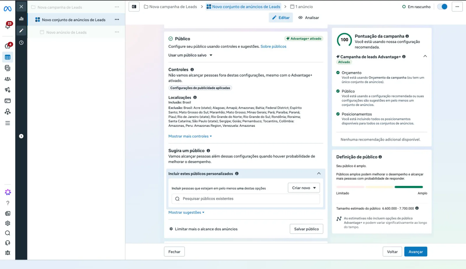 Configuração de público no Gerenciador da Meta